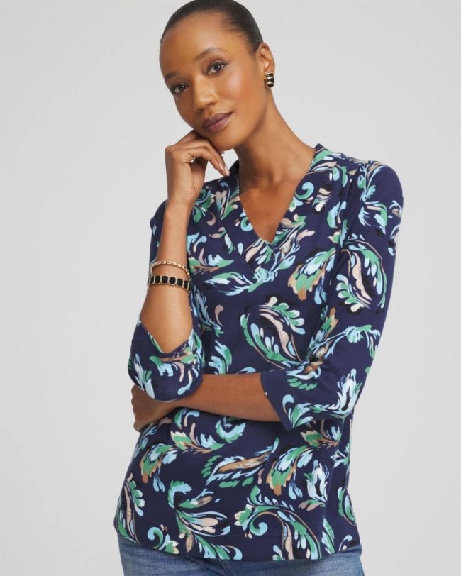 Chicos Printed Pima 3/4 Sleeve Tee - PASSPORT BLUE