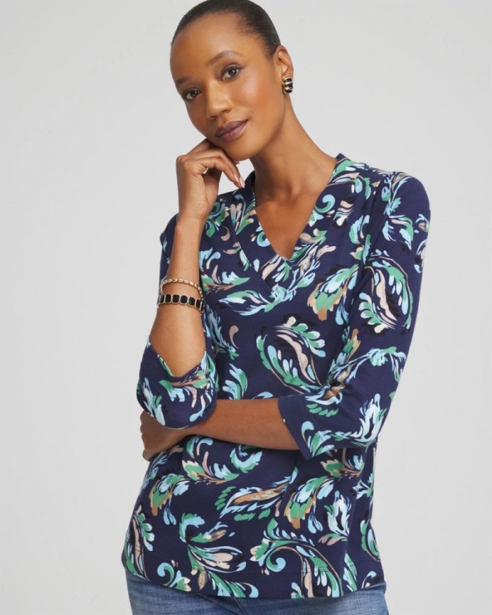 Chicos Printed Pima 3/4 Sleeve Tee - PASSPORT BLUE
