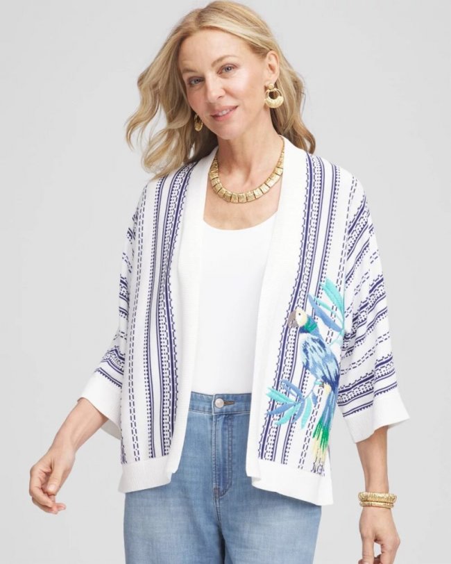 Chicos Island Motif Embroidered Cardigan - ALABASTER