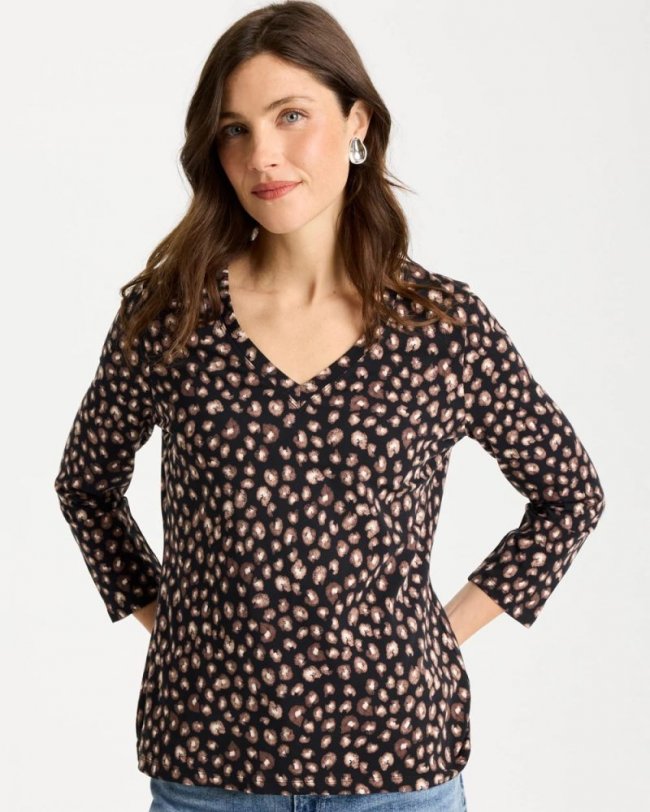 Chicos Cotton Stretch 3/4 Sleeve Polka Dot Tee - BLACK