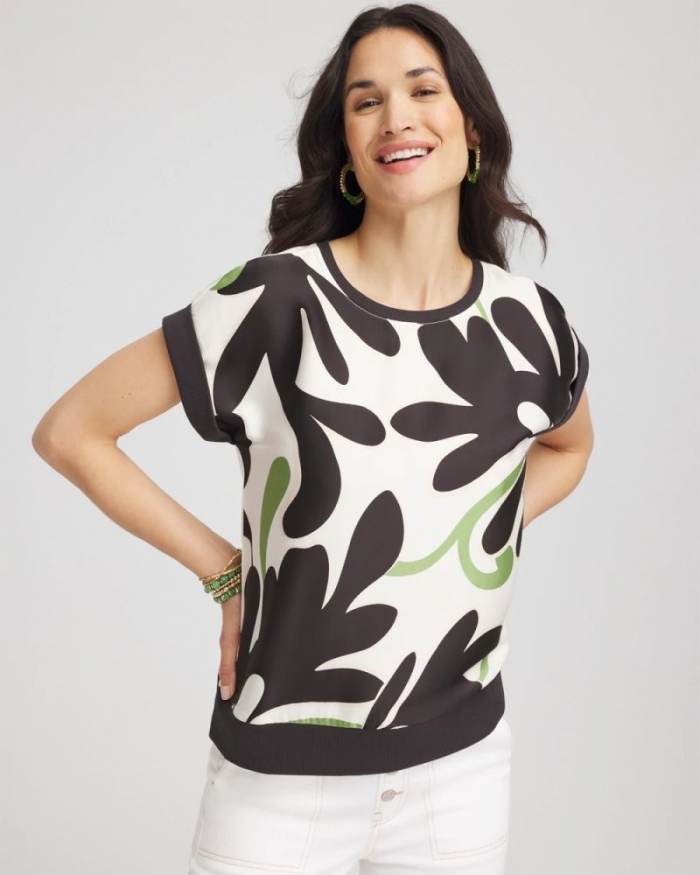 Chicos Floral Rib-Knit Satin Top - ECRU