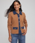 Chicos Collared Denim Trim Cardigan - CARAMEL APPLE HEATHER Chicos Collared Denim Trim Cardigan - CARAMEL APPLE HEATHER
