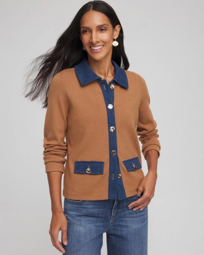 Chicos Collared Denim Trim Cardigan - CARAMEL APPLE HEATHER