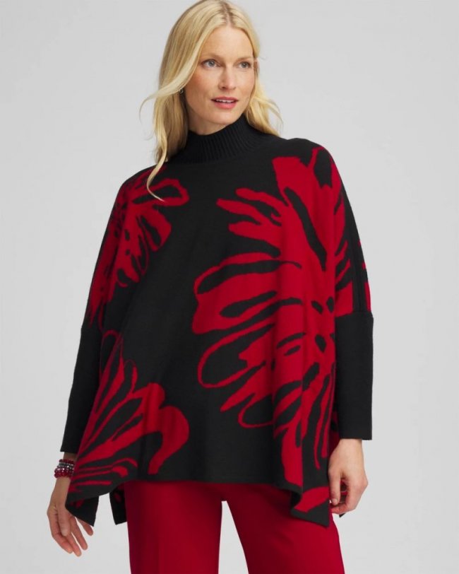 Chicos Floral Poncho - BLACK