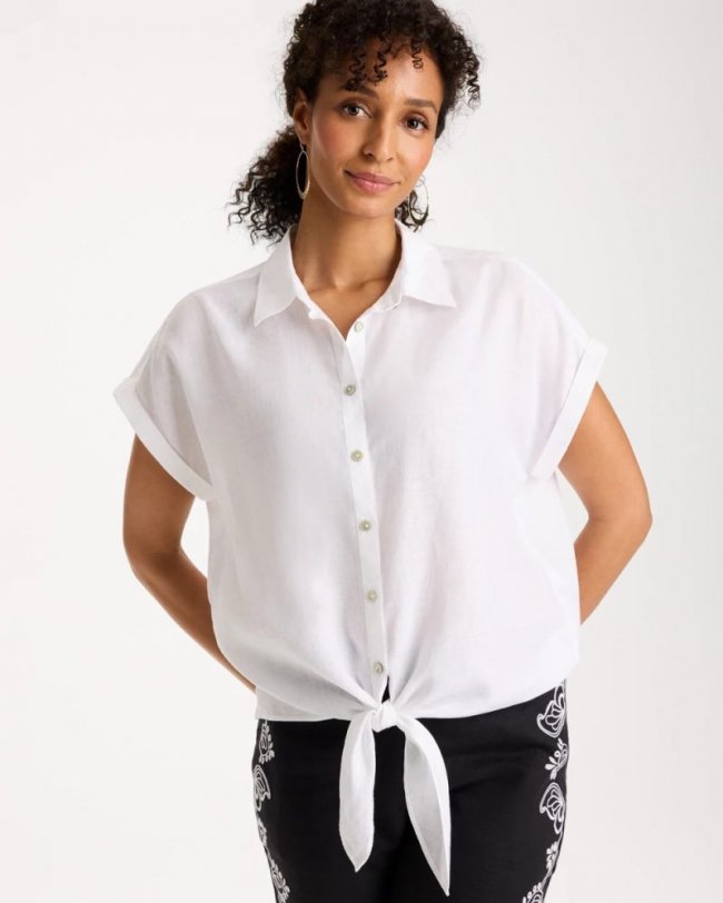 Chicos No Iron Linen Tie-Front Cap Sleeve Shirt - OPTIC WHITE