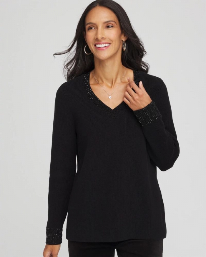 Chicos Embellished V-Neck Pullover Sweater - BLACK