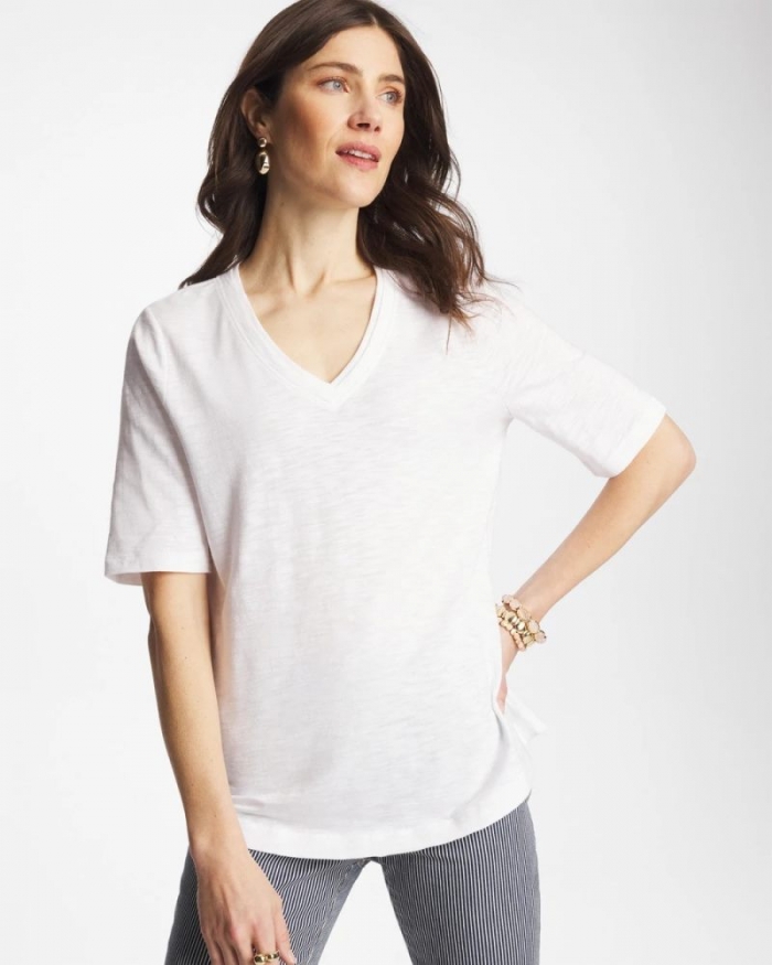 Chicos Cotton Slub V-Neck Tee - ALABASTER
