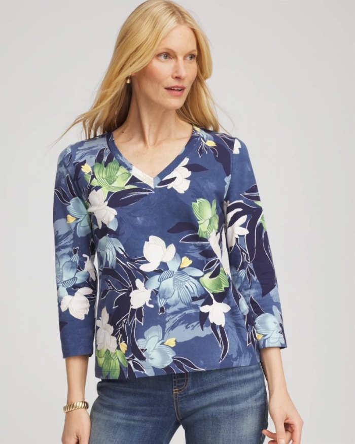 Chicos Printed 3/4 Sleeve Perfect Tee - PASSPORT BLUE
