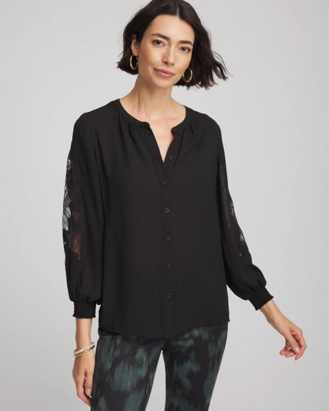 Chicos Crepe Banded Collar Blouse - BLACK