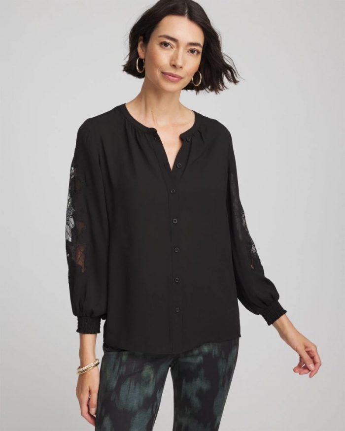 Chicos Crepe Banded Collar Blouse - BLACK