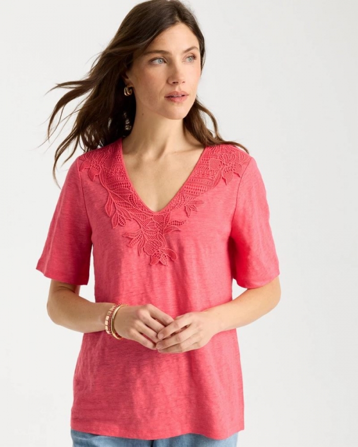 Chicos Flora Lace V-Neck Tee - CALYPSO CORAL