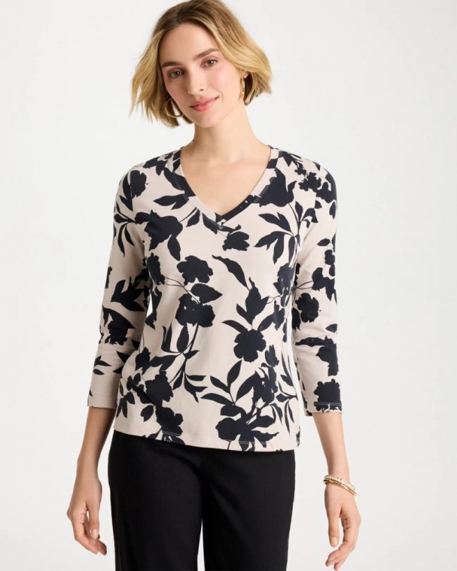 Chicos Cotton Stretch 3/4 Sleeve Floral Tee - BLACK