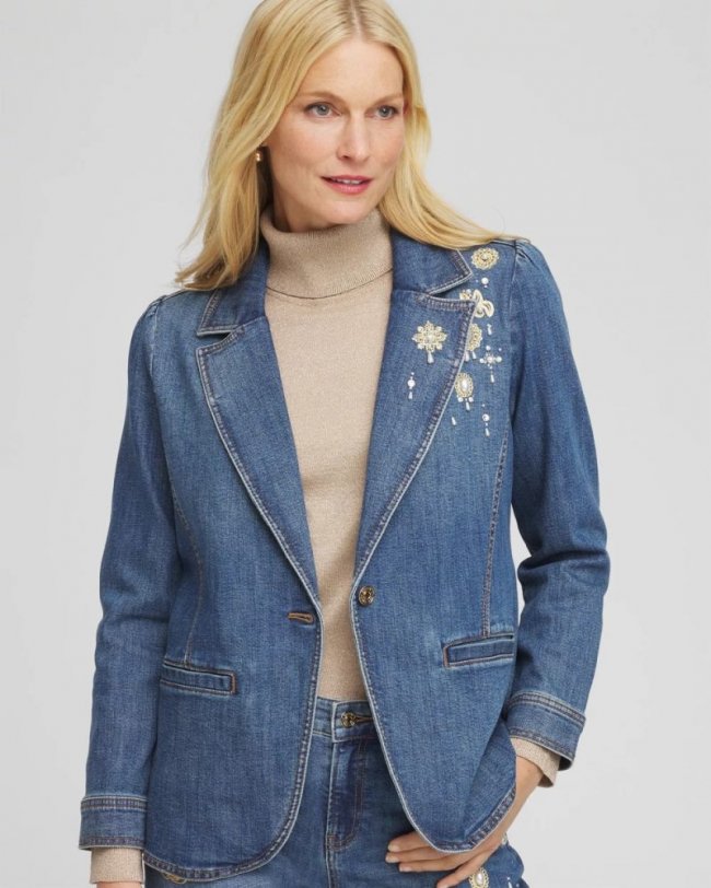 Chicos Pearl Brooch Denim Blazer - KIRUNA INDIGO Chicos Pearl Brooch Denim Blazer - KIRUNA INDIGO