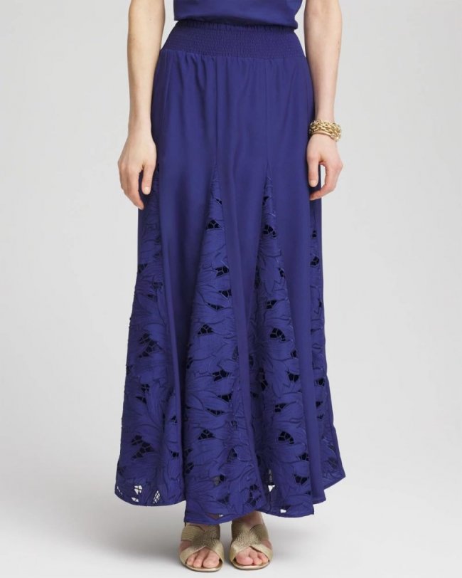 Chicos Godet Maxi Eyelet Skirt - BLUE CASA