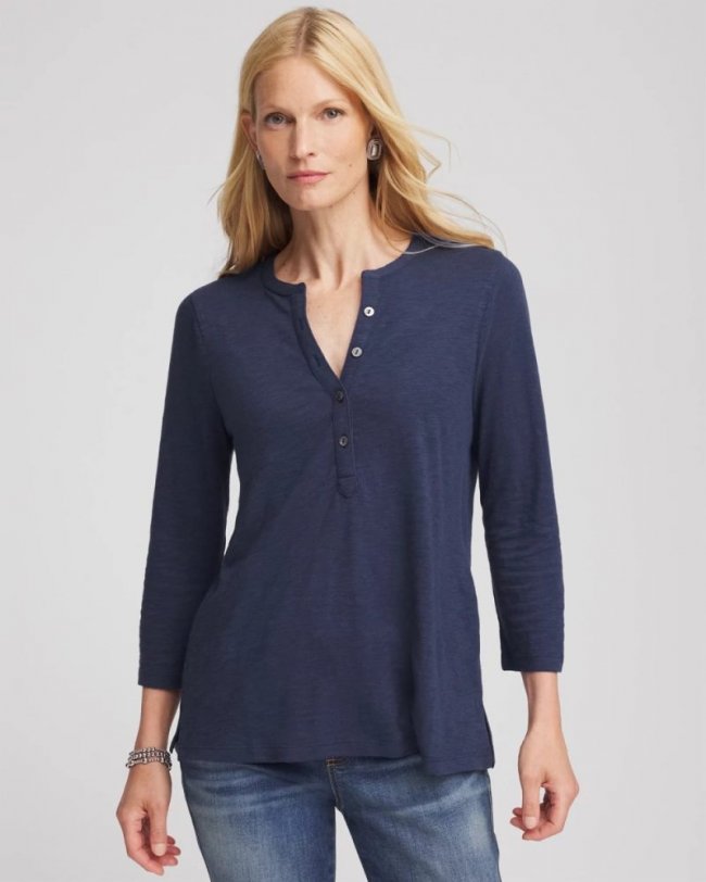 Chicos Cotton Slub Henley Tee - PASSPORT BLUE