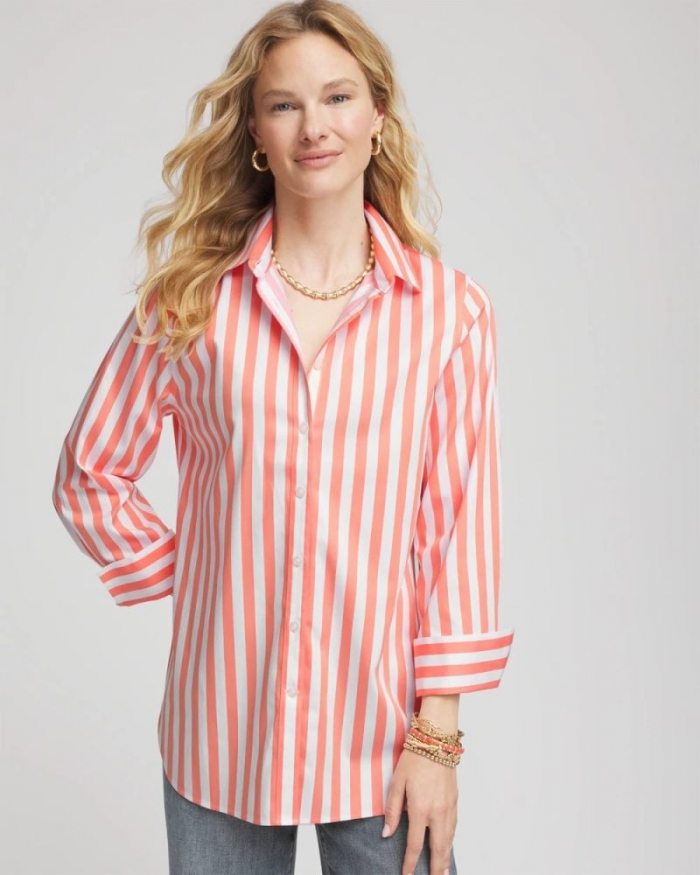 Chicos No Iron Vacation Stripes Shirt - SUNSET PEACH