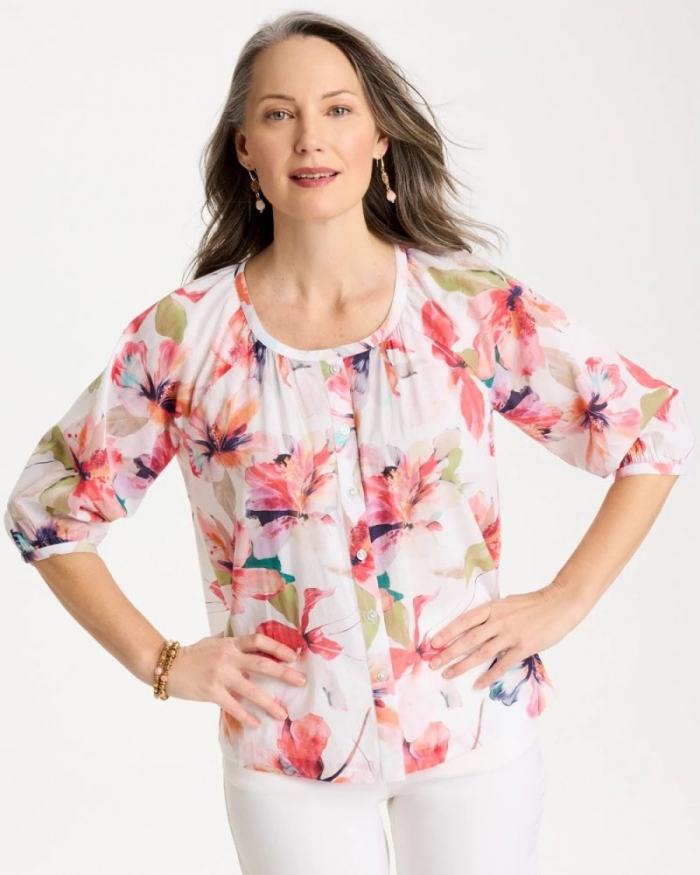 Chicos Cotton Voile Croix Collage Blouse - CALYPSO CORAL