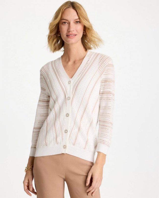 Chicos Striped Stitchy Cardigan - ALABASTER
