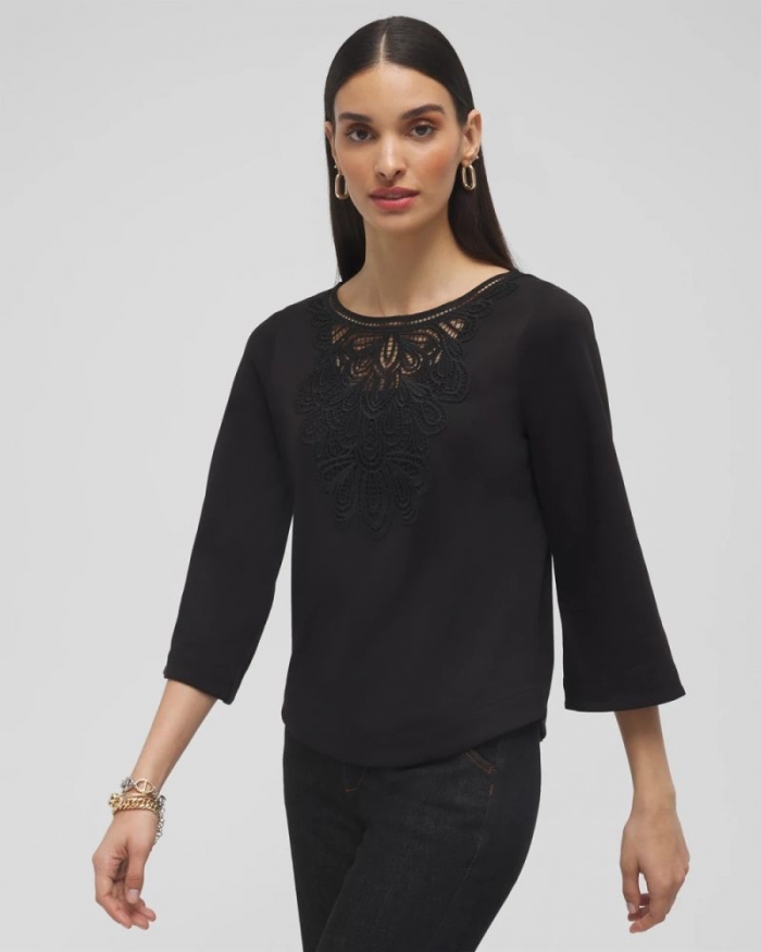 Chicos Lace Inset Top - BLACK