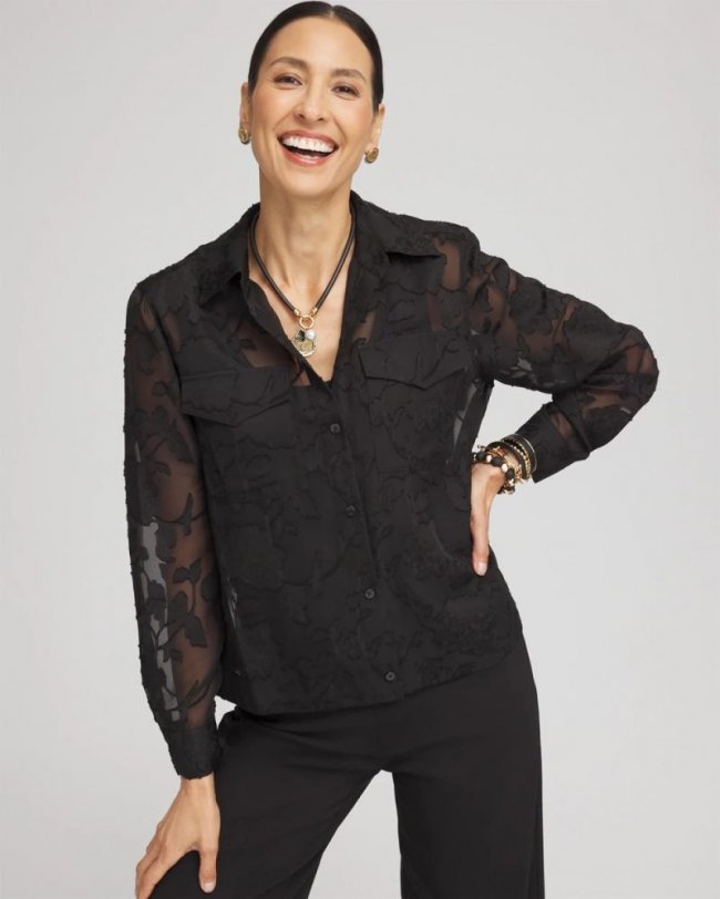 Chicos Long Sleeve Burnout Camp Shirt - BLACK