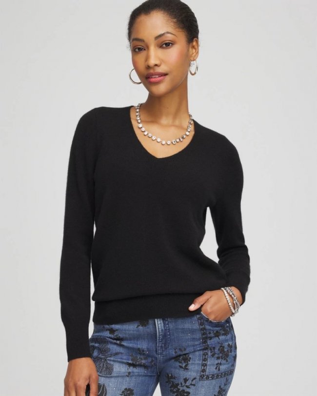 Chicos Relaxed V-Neck Cashmere Sweater - BLACK