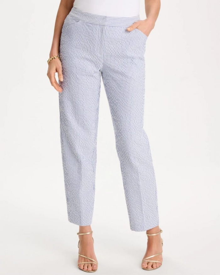Chicos Striped Seersucker Straight Ankle Pants - BLUE