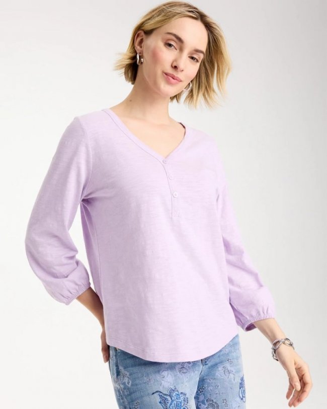 Chicos Puff Sleeve Cotton Slub Henley Tee - ORCHID MIST