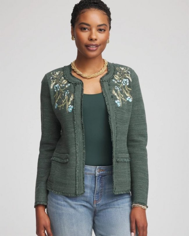 Chicos Embroidered Cotton-Blend Jacket - DARKEST SPRUCE