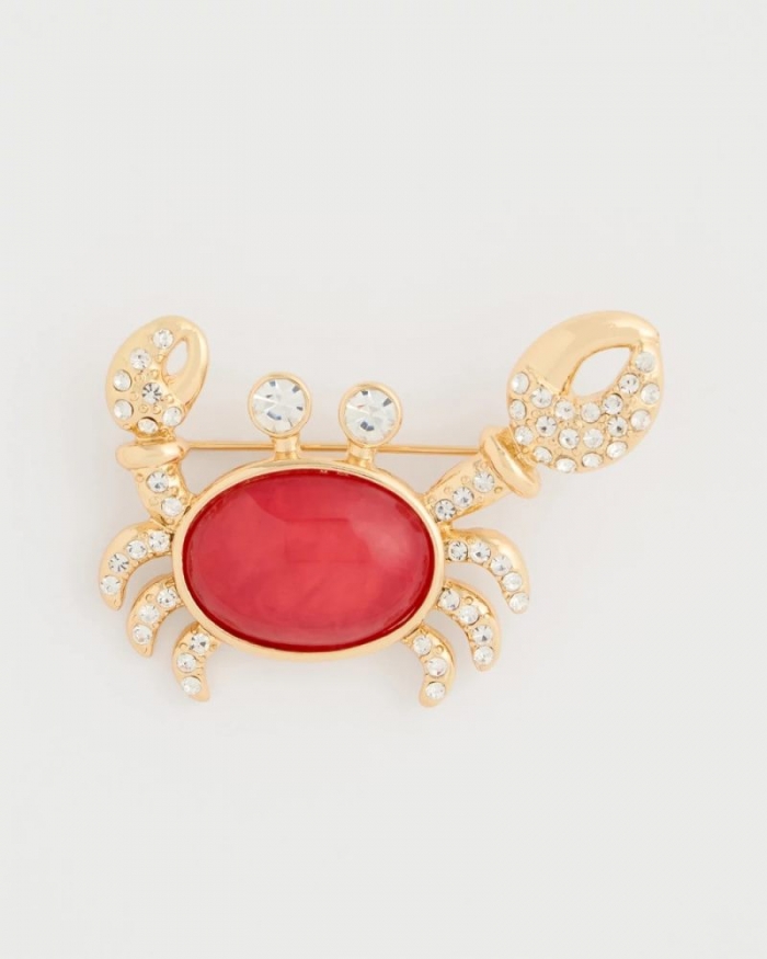 Chicos Americana Faux Diamond Crab Brooch - RED