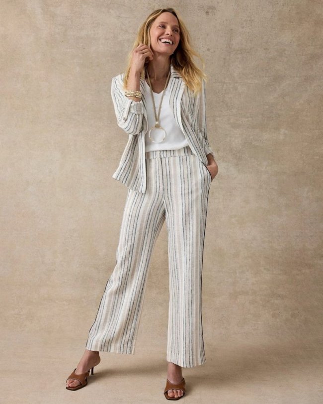 Chicos Striped Piped Linen Fly Front Pants - NEUTRAL