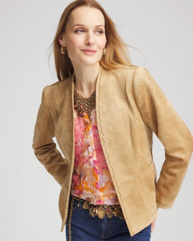 Chicos Faux Suede Peplum Jacket - BRONZE BARLEY