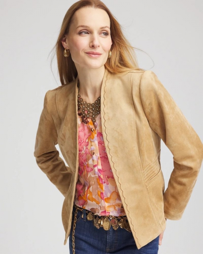 Chicos Faux Suede Peplum Jacket - BRONZE BARLEY