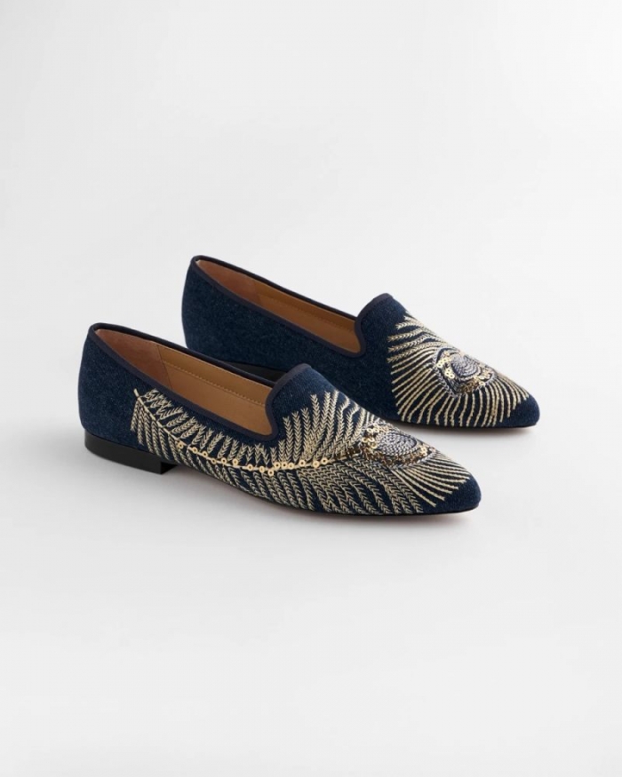 Chicos Peacock Embroidered Flats - DENIM