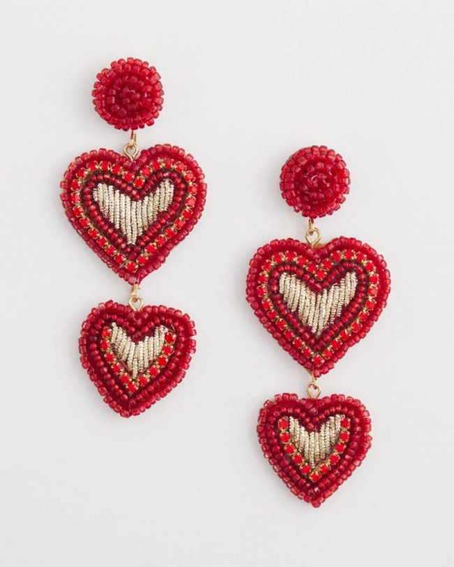 Chicos Red Beaded Heart Drop Earrings - RED