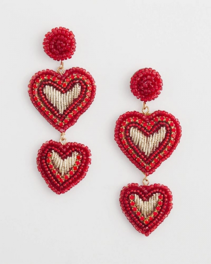 Chicos Red Beaded Heart Drop Earrings - RED