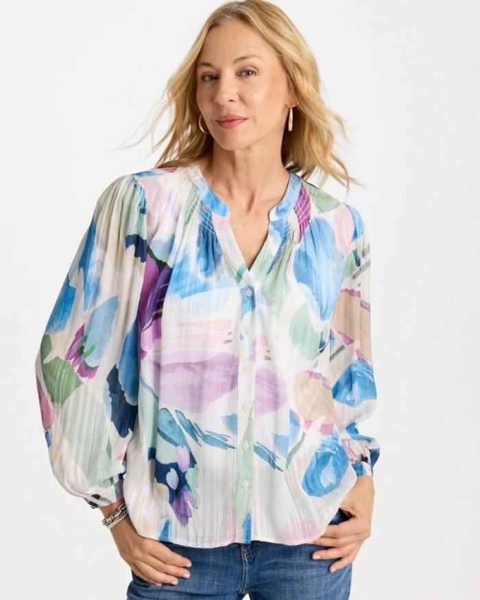 Chicos Blur Geo Button Front Blouse - PASSPORT BLUE