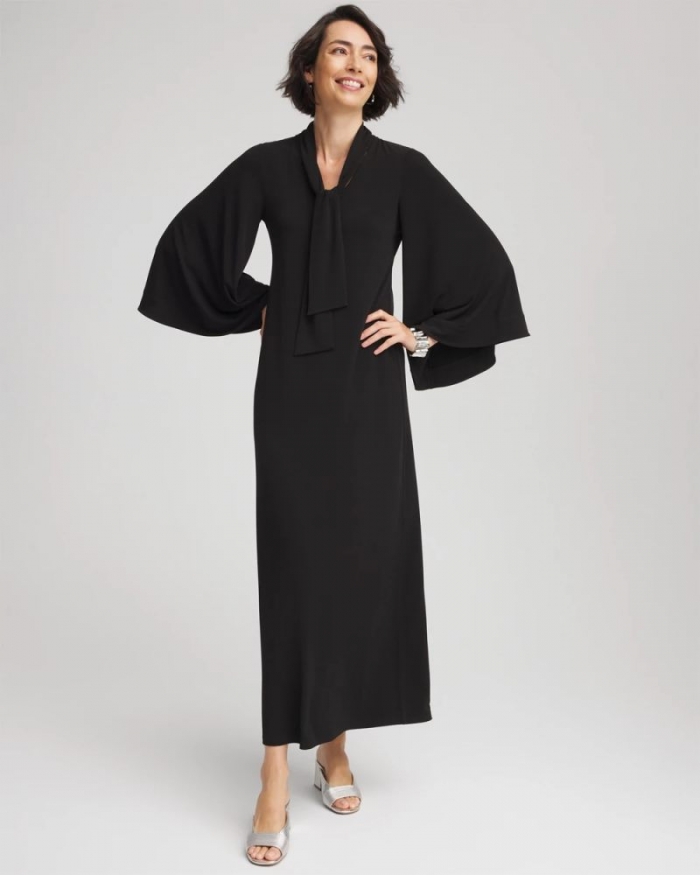 Chicos Flutter-Sleeve Tie-Front Dress - BLACK
