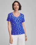 Chicos Foiled Polka-Dot Sweater-Trim Linen Tee - BLUE CASA Chicos Foiled Polka-Dot Sweater-Trim Linen Tee - BLUE CASA