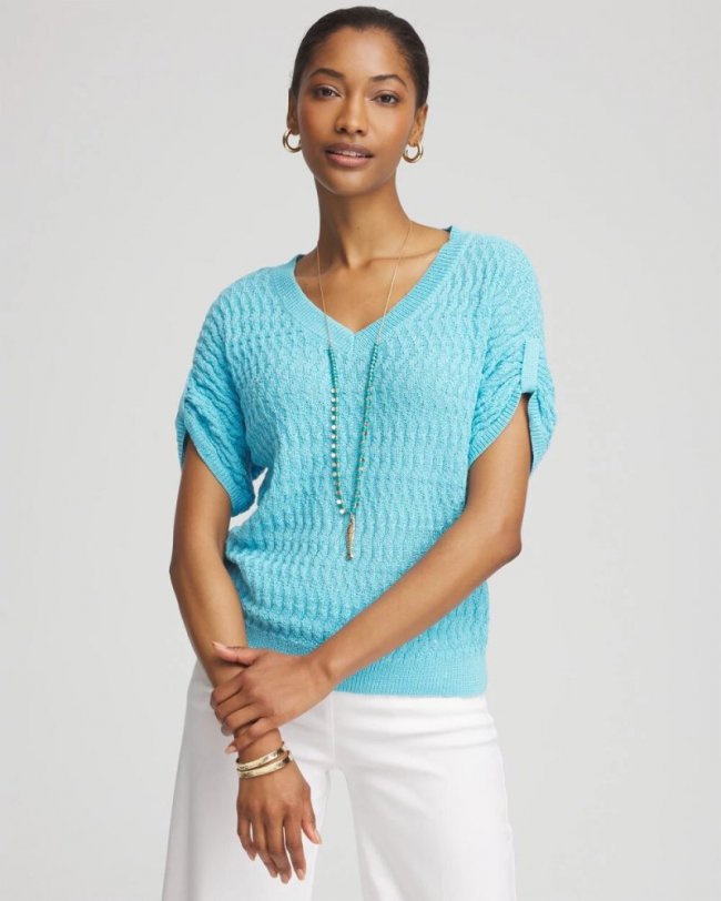 Chicos Sequin V-Neck Pullover Sweater - PARADISO BLUE