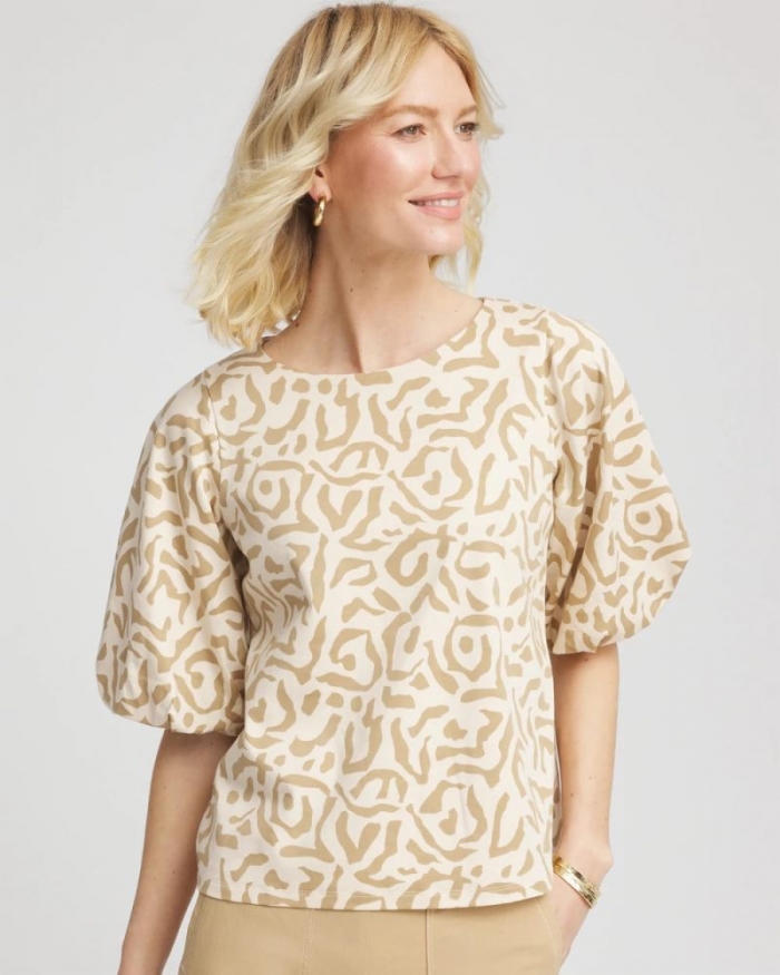Chicos Animal Print Bubble Sleeve Top - GLISTENING SAND