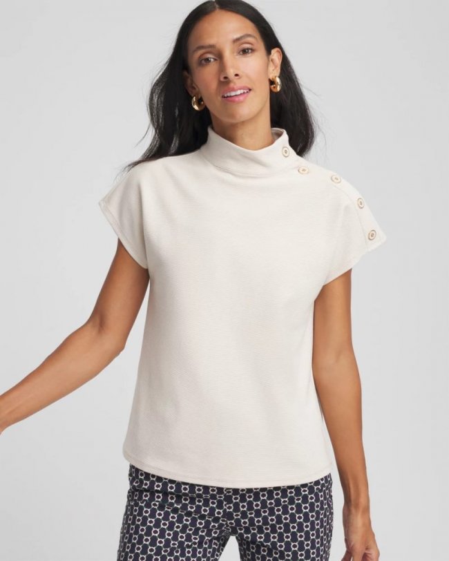 Chicos Ottoman Cap Sleeve Tee - WHITE TRUFFLE