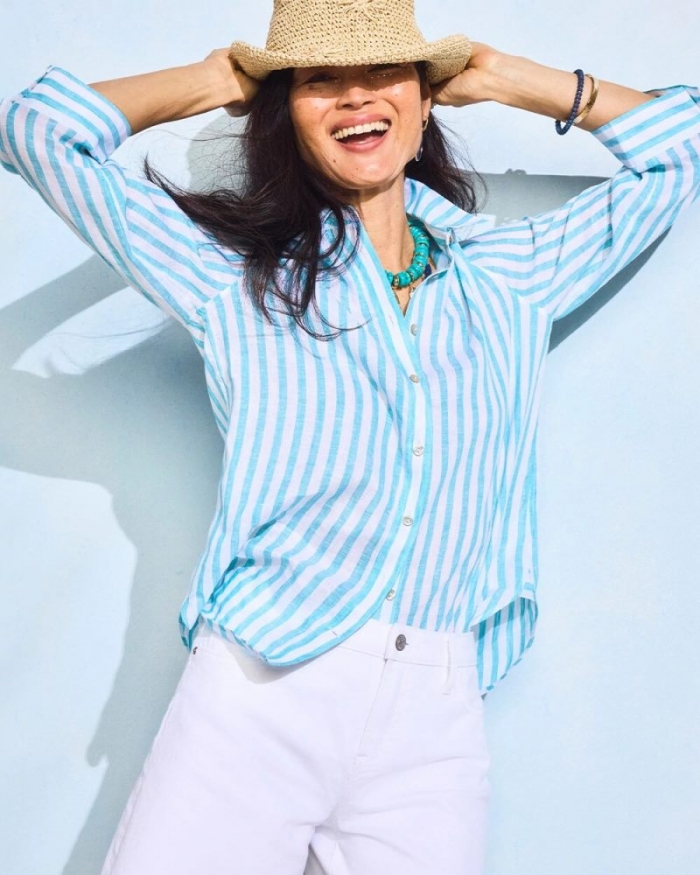 Chicos No Iron Linen Striped Shirt - OCEANO