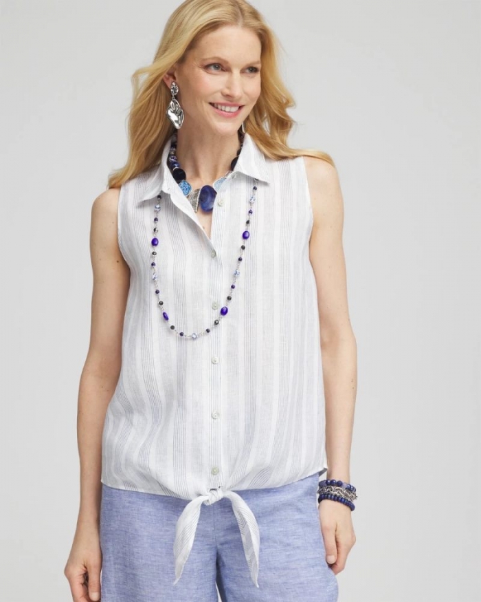 Chicos No Iron Linen Tie-Front Sleeveless Shirt - INDIGO