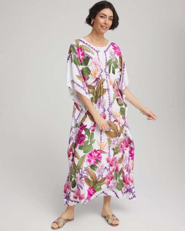 Chicos Island Cinch-Waist Kaftan Dress - ECRU