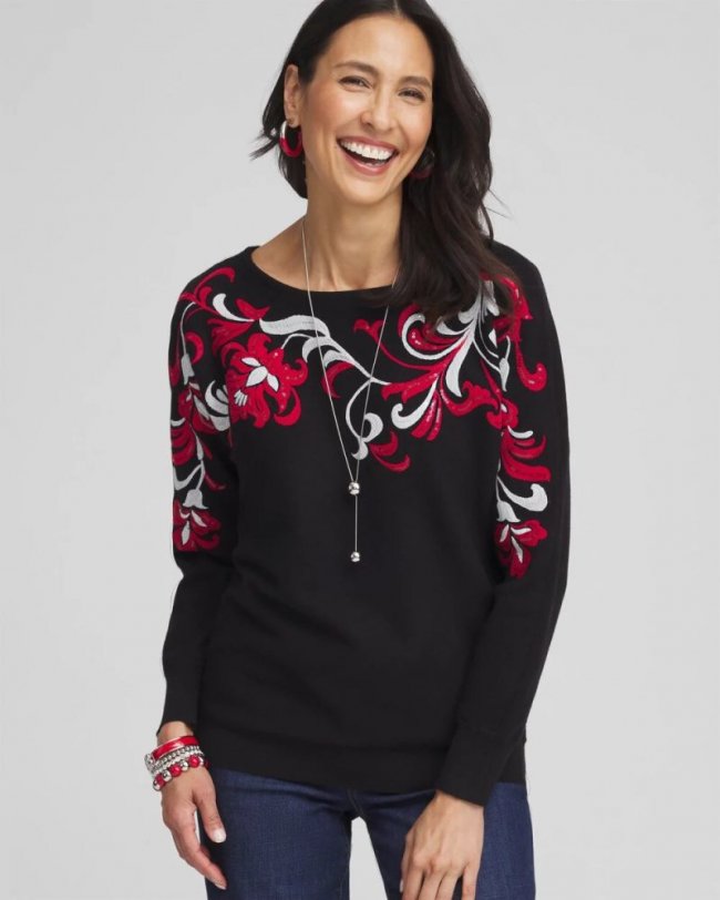 Chicos Floral Sequin Dolman Sleeve Sweater - BLACK