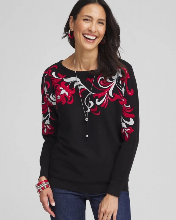 Chicos Floral Sequin Dolman Sleeve Sweater - BLACK