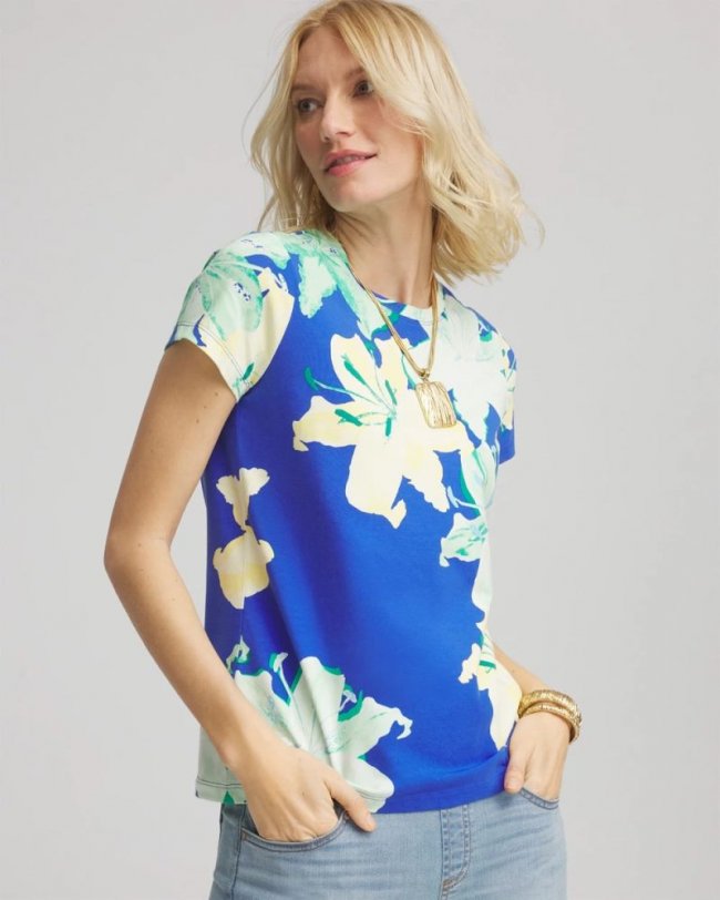 Chicos Floral Crewneck Perfect Tee - RICH COBALT