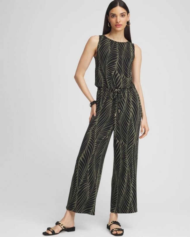 Chicos Travelers Tie Waist Jumpsuit - OLIVE