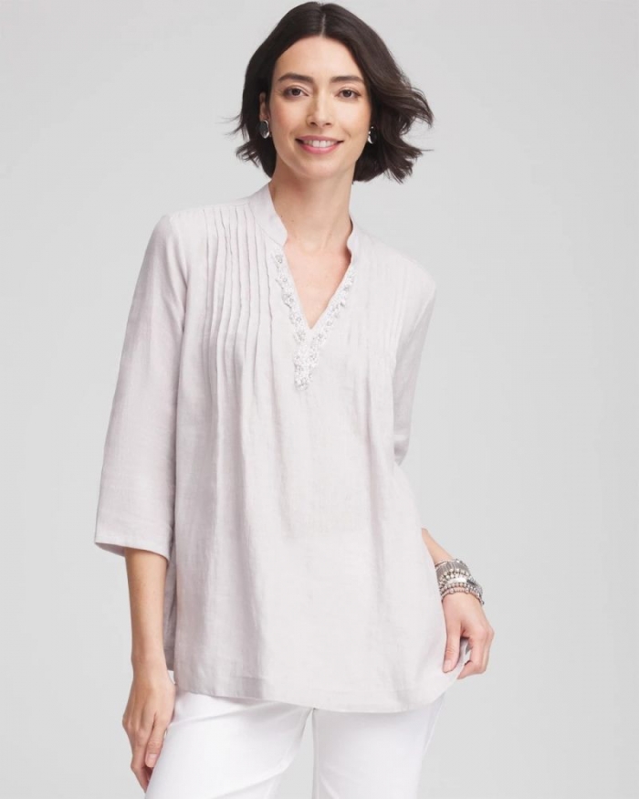 Chicos Embellished Linen Kurta Tunic - DOVE GRAY