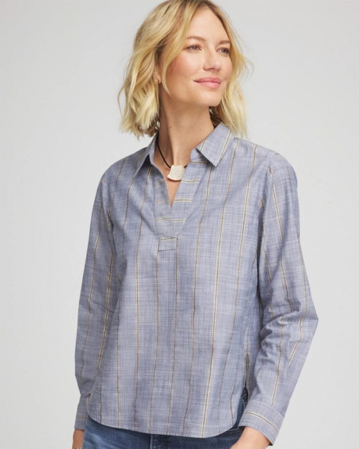 Chicos Chambray Striped Soft Popover - INDIGO